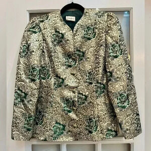 Vintage Neiman Marcus Green Gold Metallic Shimmer Rose Paisley Blazer Size 8 M